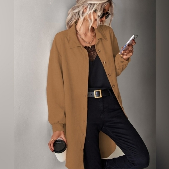 Jackets & Blazers - Womens Oversized Duster Shacket Round Hi-Lo Hem Button Front Khaki Size Medium